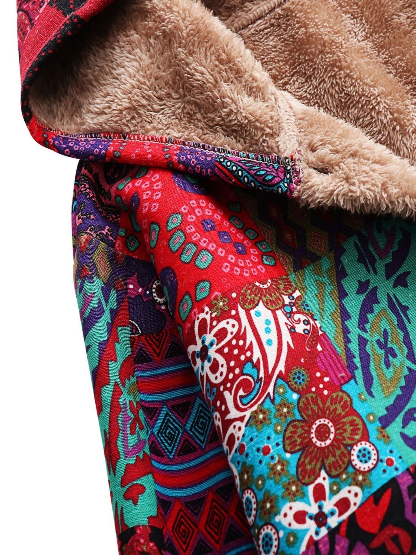 Effortless Patchwork Print Hooded Coat for Women with Fleece Lined Button Front Oversized Bohemian Style