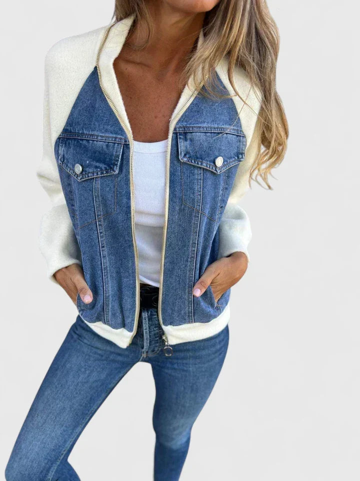 Effortless Denim Jacket for Women with Zip Front Raglan Sleeve Colorblock Casual Style
