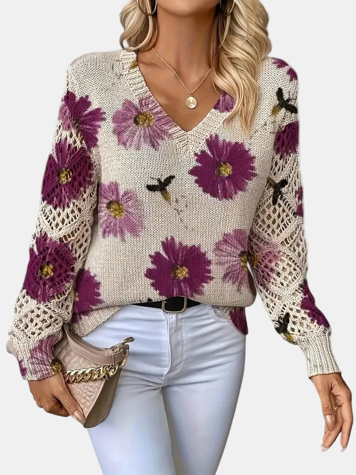 Comfortable Floral Print Sweater for Women with V Neck Long Sleeve Crochet Panel Oversized Knit Style