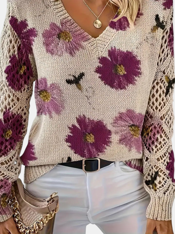 Comfortable Floral Print Sweater for Women with V Neck Long Sleeve Crochet Panel Oversized Knit Style