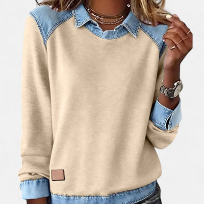 Effortless Denim Trim Sweatshirt for Women with Point Collar Long Sleeve Colorblock Casual Style