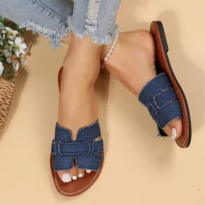 Comfortable Flat Sandals for Women with Cut Out Wide Strap Slip On Open Toe Style
