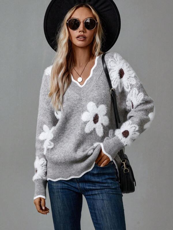Comfortable Floral Sweater for Women with V Neck Long Sleeve Scalloped Trim Oversized Knit Style