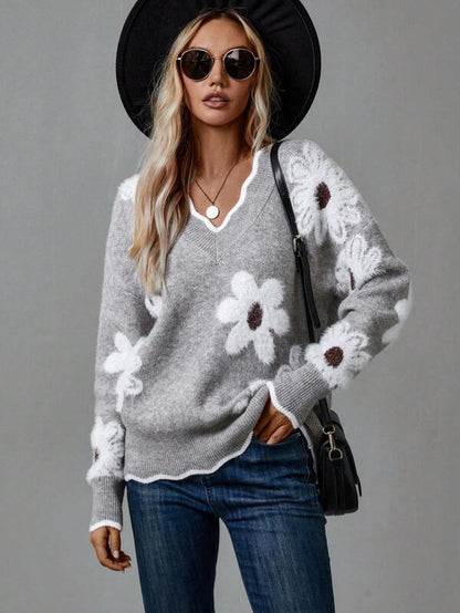 Comfortable Floral Sweater for Women with V Neck Long Sleeve Scalloped Trim Oversized Knit Style