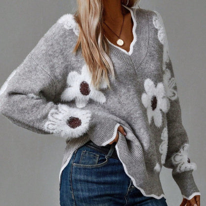 Comfortable Floral Sweater for Women with V Neck Long Sleeve Scalloped Trim Oversized Knit Style