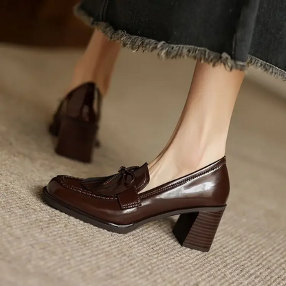 Elegant Patent Leather Tassel Loafer for Women with Round Toe Block Heel Chic Style