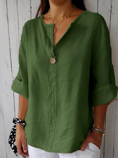 Effortless Linen Blouse for Women with V Neck Button Front Elbow Sleeve Relaxed Style