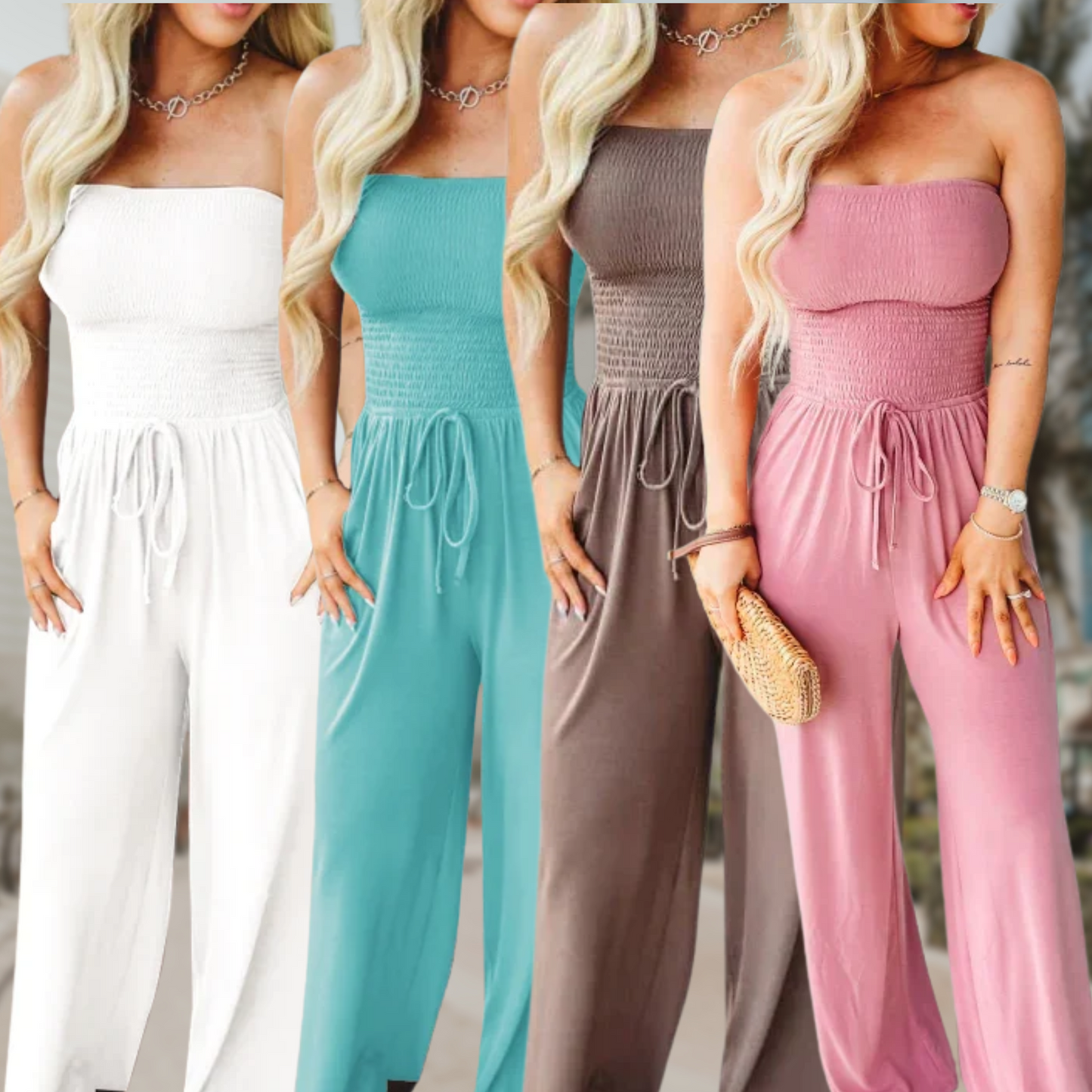 Effortless Wide Leg Jumpsuit for Women with Strapless Smocked Drawstring Waist Relaxed Style