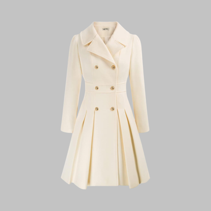 Elegant Wool Coat for Women with Notched Lapel Long Sleeve Double Breasted Pleated Flare Style