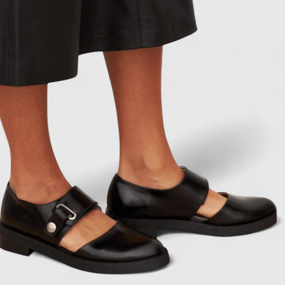 Elegant Black Leather Mary Jane Loafer for Women with Buckle Strap Round Toe Chunky Sole Casual Style