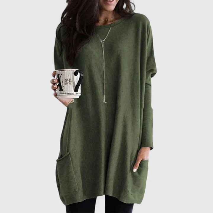 Comfortable Oversized Tunic Top for Women with Round Neck Long Sleeve Relaxed Pocket Casual Style