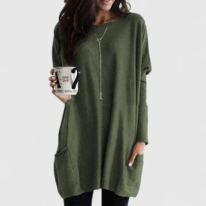 Comfortable Oversized Tunic Top for Women with Round Neck Long Sleeve Relaxed Pocket Casual Style