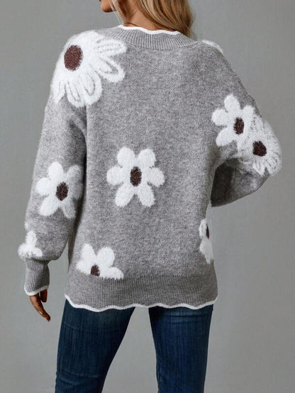 Comfortable Floral Sweater for Women with V Neck Long Sleeve Scalloped Trim Oversized Knit Style