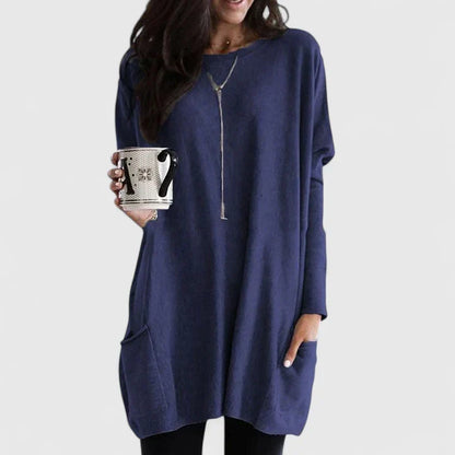 Comfortable Oversized Tunic Top for Women with Round Neck Long Sleeve Relaxed Pocket Casual Style