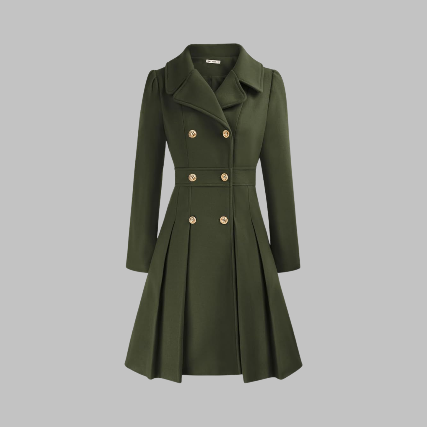 Elegant Wool Coat for Women with Notched Lapel Long Sleeve Double Breasted Pleated Flare Style