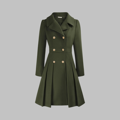 Elegant Wool Coat for Women with Notched Lapel Long Sleeve Double Breasted Pleated Flare Style