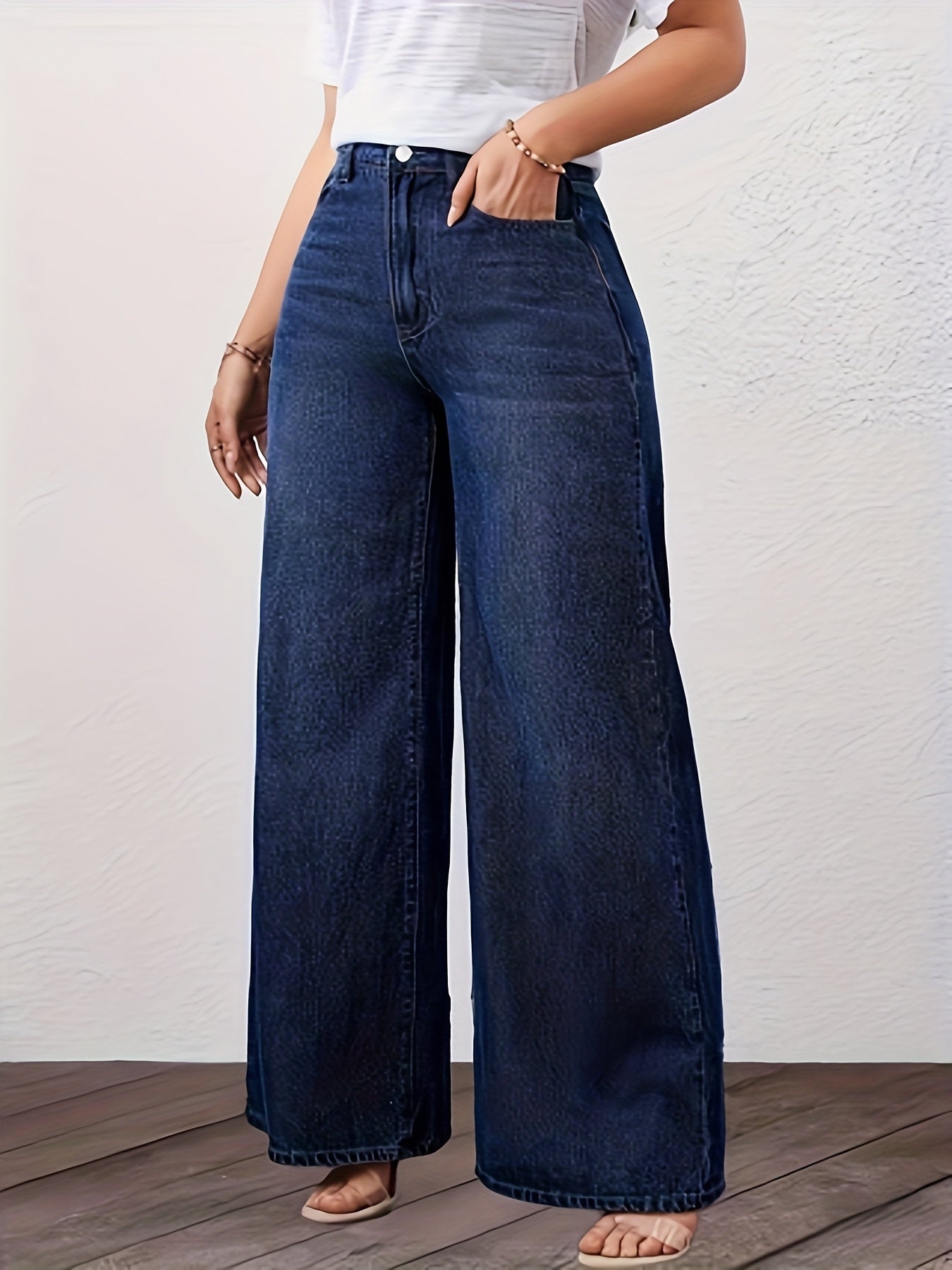Effortless Relaxed Blue Wide Leg Jeans for Women with High Waist Straight Style