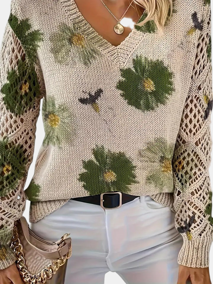 Comfortable Floral Print Sweater for Women with V Neck Long Sleeve Crochet Panel Oversized Knit Style