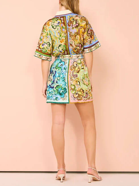 Elegant Multicolor Paisley Print Mini Dress for Women with Collared Short Sleeve Belted Retro Style