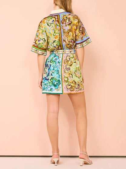 Elegant Multicolor Paisley Print Mini Dress for Women with Collared Short Sleeve Belted Retro Style