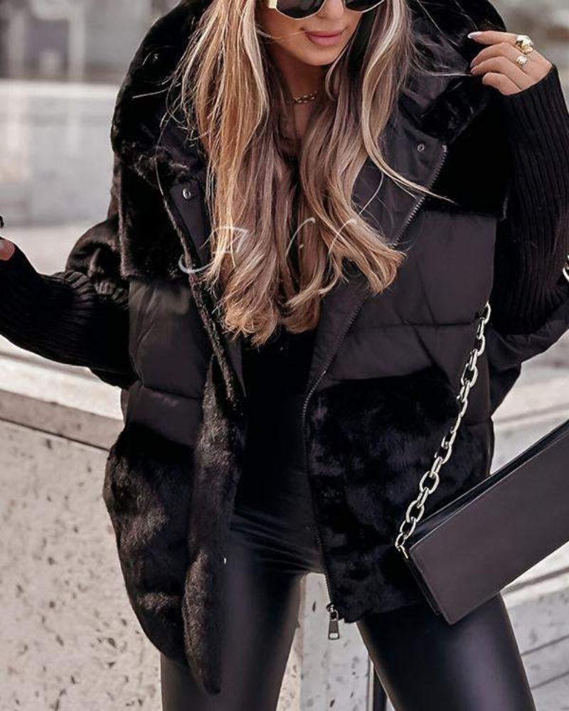 Effortless Faux Fur Puffer Jacket for Women with Hooded Long Sleeve Oversized Ribbed Cuff Casual Style