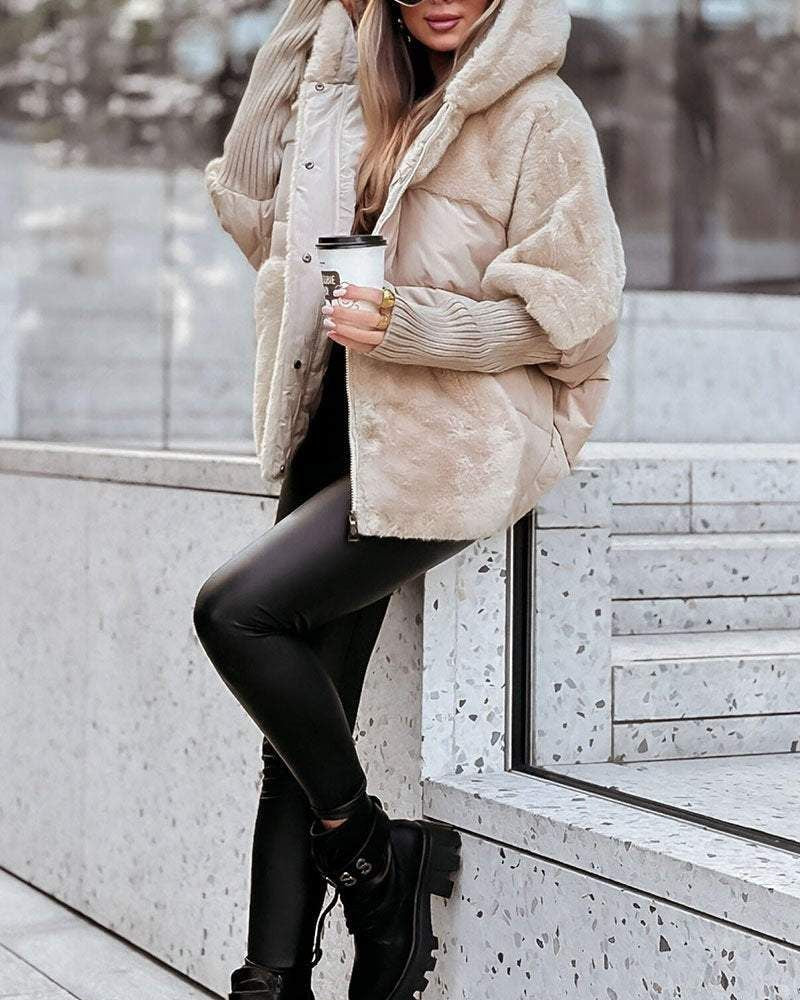 Effortless Faux Fur Puffer Jacket for Women with Hooded Long Sleeve Oversized Ribbed Cuff Casual Style