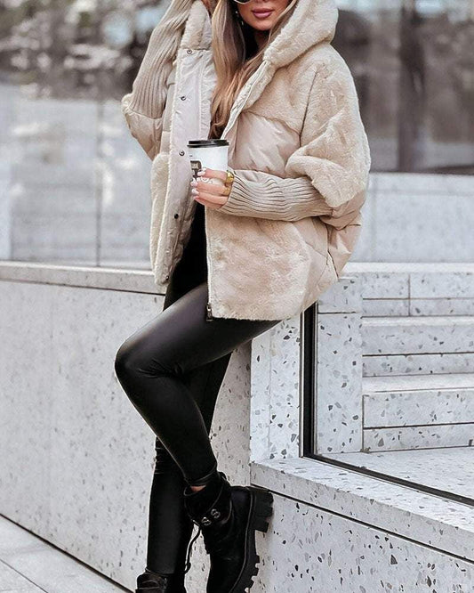 Effortless Faux Fur Puffer Jacket for Women with Hooded Long Sleeve Oversized Ribbed Cuff Casual Style