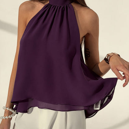 Elegant Purple Chiffon Blouse for Women with Halter Neck Sleeveless Flowing Silky Style