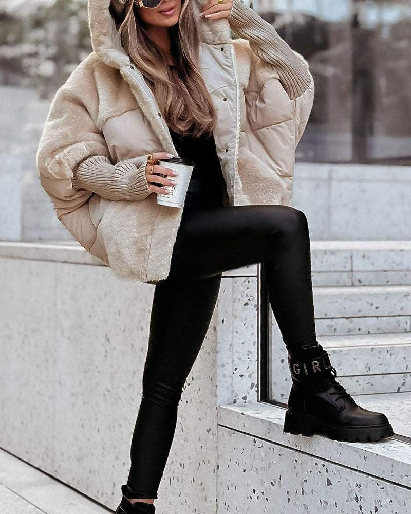 Effortless Faux Fur Puffer Jacket for Women with Hooded Long Sleeve Oversized Ribbed Cuff Casual Style
