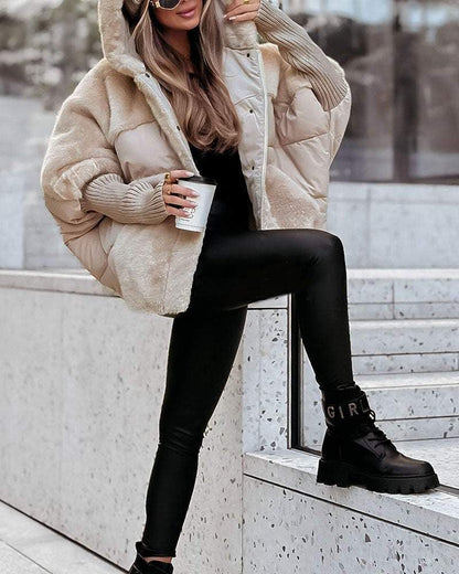 Effortless Faux Fur Puffer Jacket for Women with Hooded Long Sleeve Oversized Ribbed Cuff Casual Style
