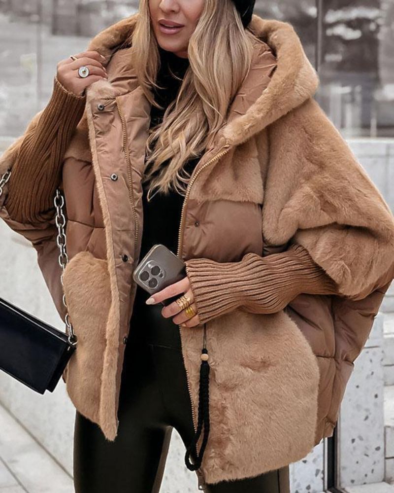 Effortless Faux Fur Puffer Jacket for Women with Hooded Long Sleeve Oversized Ribbed Cuff Casual Style