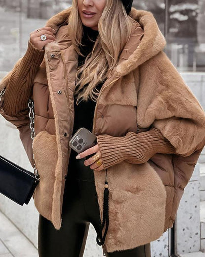 Effortless Faux Fur Puffer Jacket for Women with Hooded Long Sleeve Oversized Ribbed Cuff Casual Style