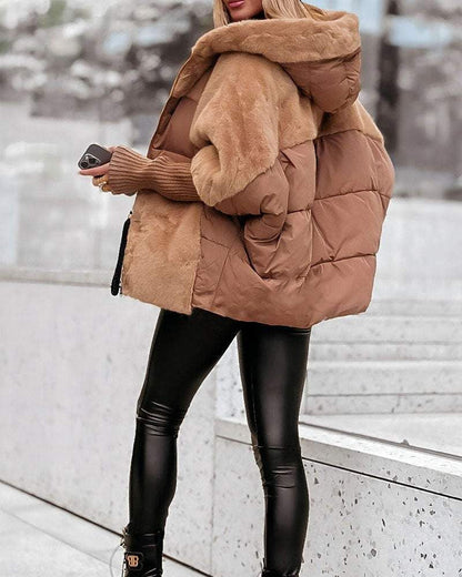 Effortless Faux Fur Puffer Jacket for Women with Hooded Long Sleeve Oversized Ribbed Cuff Casual Style