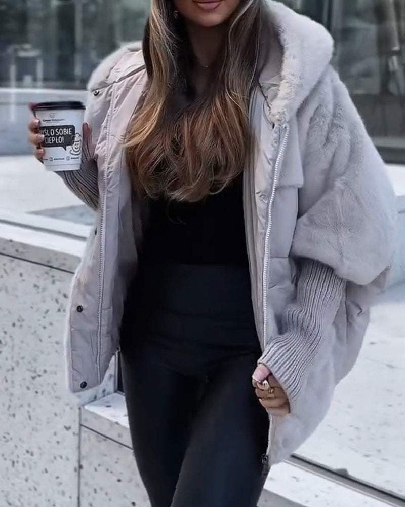 Effortless Faux Fur Puffer Jacket for Women with Hooded Long Sleeve Oversized Ribbed Cuff Casual Style