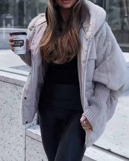 Effortless Faux Fur Puffer Jacket for Women with Hooded Long Sleeve Oversized Ribbed Cuff Casual Style