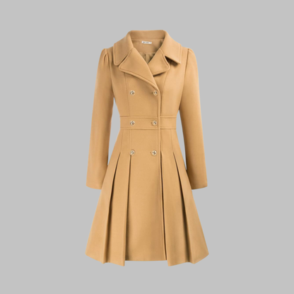 Elegant Wool Coat for Women with Notched Lapel Long Sleeve Double Breasted Pleated Flare Style