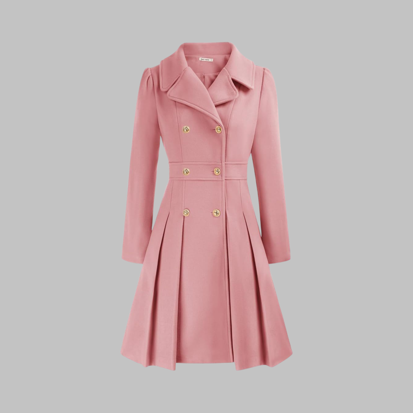 Elegant Wool Coat for Women with Notched Lapel Long Sleeve Double Breasted Pleated Flare Style