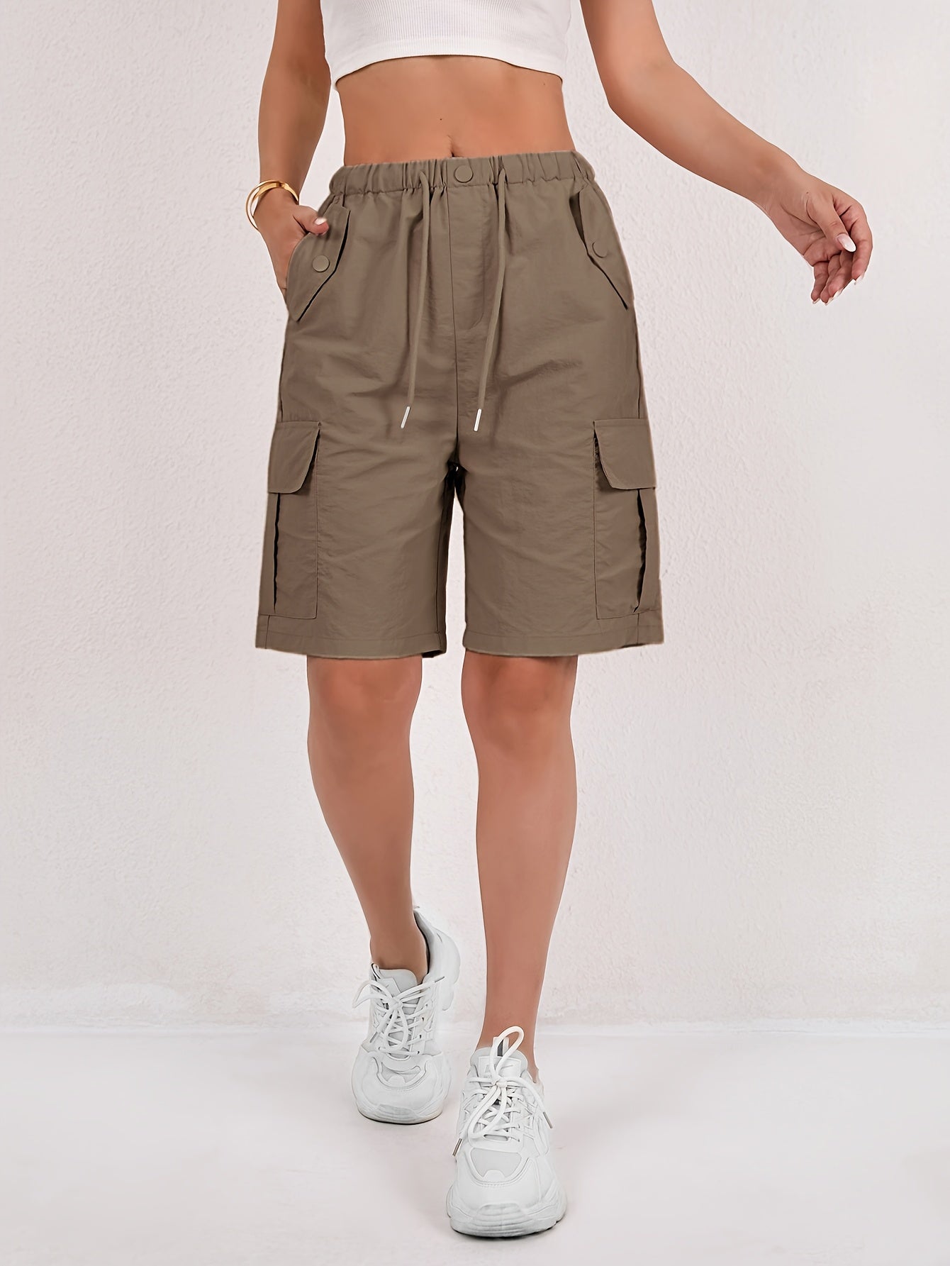 Effortless Pink Cargo Shorts for Women with High Waist Drawstring Relaxed Bermuda Style