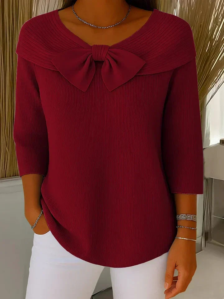 Comfortable Ribbed Knit Sweater for Women with V Neck Bow Tie Elbow Sleeve Relaxed Style