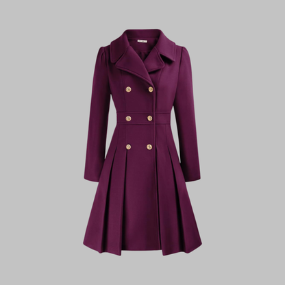 Elegant Wool Coat for Women with Notched Lapel Long Sleeve Double Breasted Pleated Flare Style
