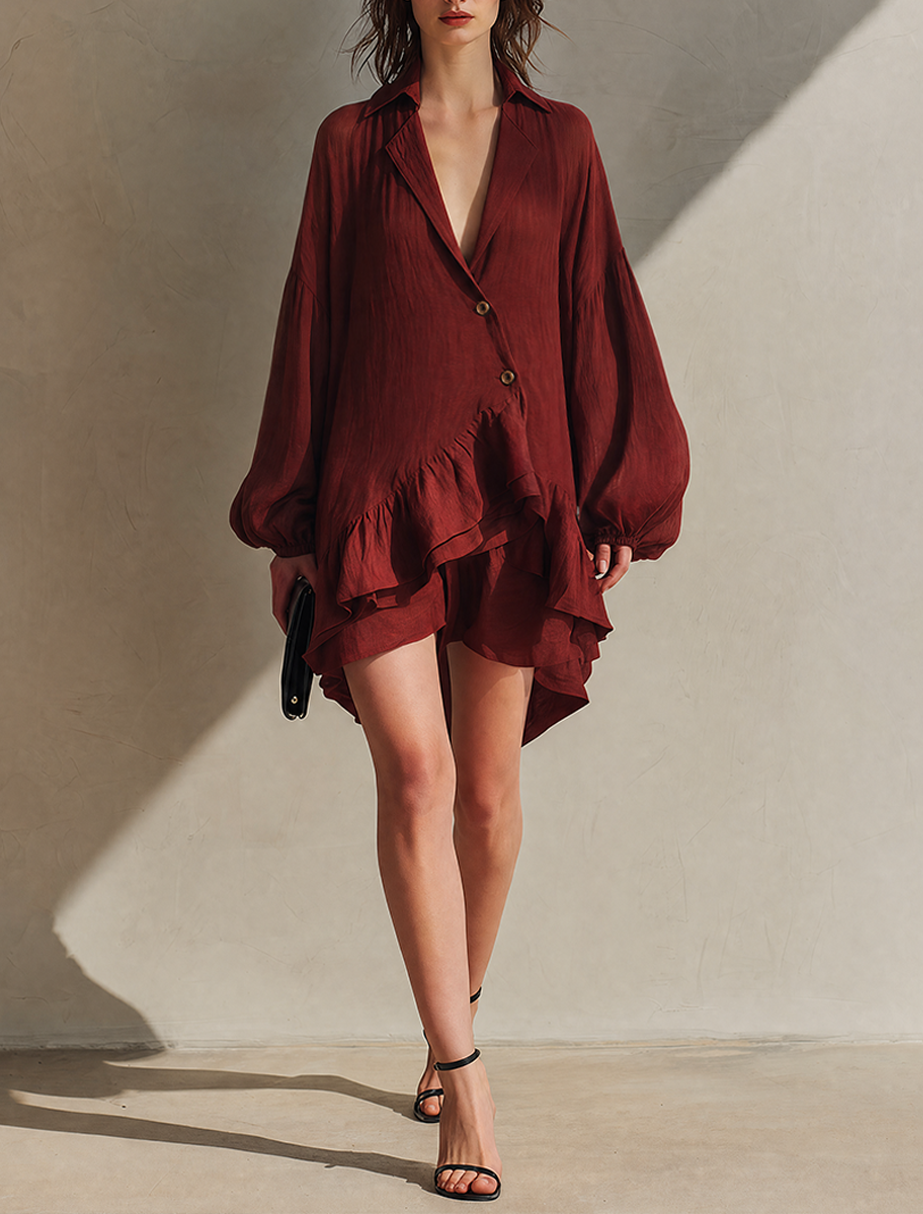 Effortless Red Mini Dress for Women with V Neck Button Front Balloon Sleeve Ruffle Hem Style