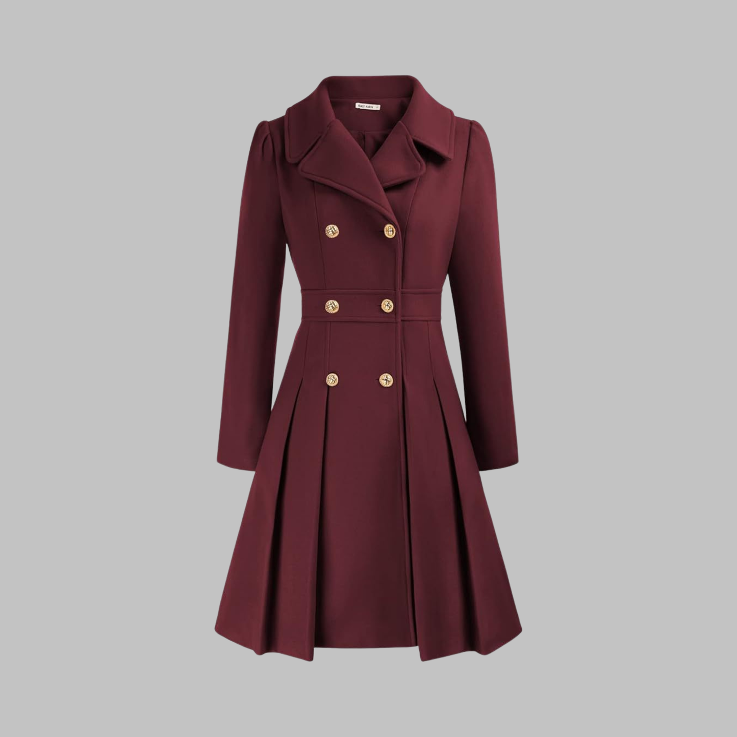 Elegant Wool Coat for Women with Notched Lapel Long Sleeve Double Breasted Pleated Flare Style