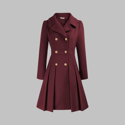 Elegant Wool Coat for Women with Notched Lapel Long Sleeve Double Breasted Pleated Flare Style