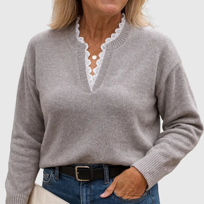 Comfortable Lace Trim Sweater for Women with V Neck Long Sleeve Relaxed Oversized Knit Style