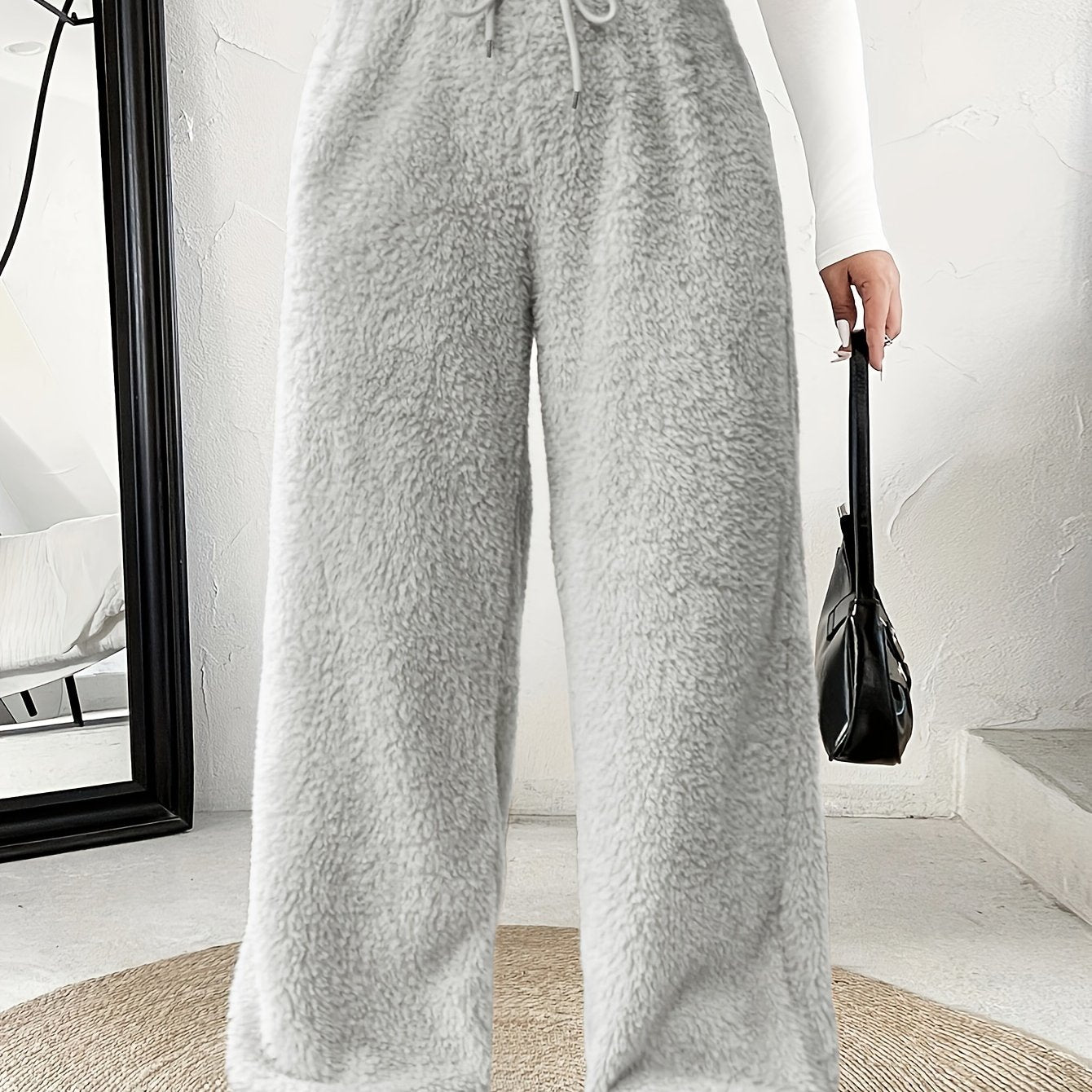 Comfortable Fuzzy Fleece Wide Leg Pants for Women with High Waist Drawstring Relaxed Casual Style