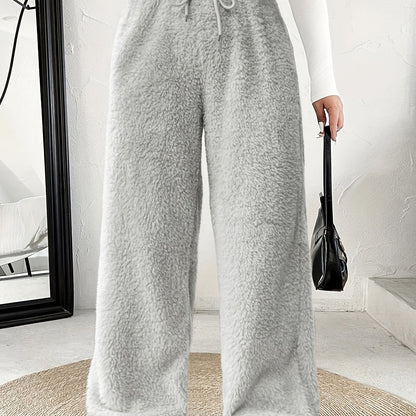 Comfortable Fuzzy Fleece Wide Leg Pants for Women with High Waist Drawstring Relaxed Casual Style