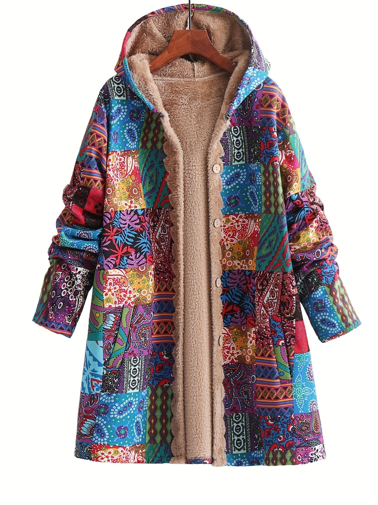 Effortless Patchwork Print Hooded Coat for Women with Fleece Lined Button Front Oversized Bohemian Style