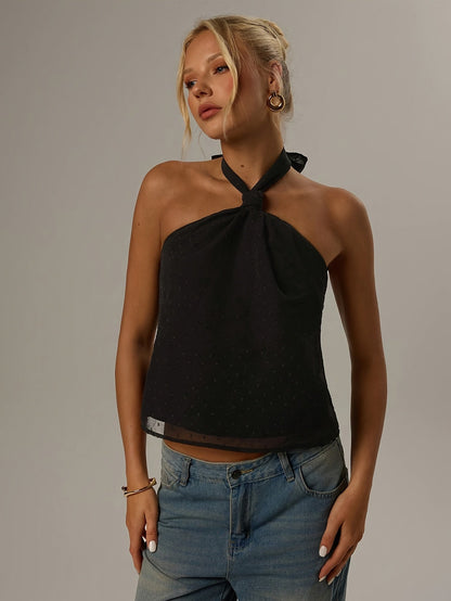 Elegant Black Swiss Dot Halter Top for Women with Twist Neck Open Back Cropped Flowing Style