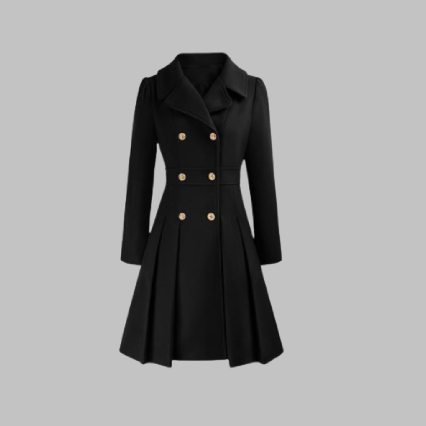 Elegant Wool Coat for Women with Notched Lapel Long Sleeve Double Breasted Pleated Flare Style