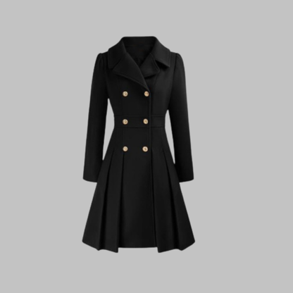Elegant Wool Coat for Women with Notched Lapel Long Sleeve Double Breasted Pleated Flare Style
